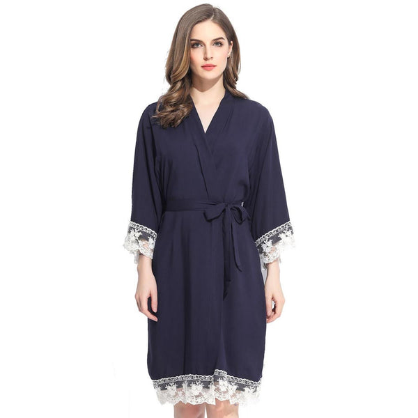 Navy Blue - Solid Cotton Lace Kimono Robe