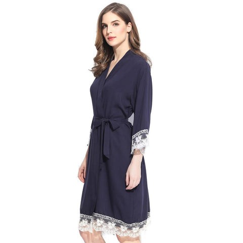 Navy Blue - Solid Cotton Lace Kimono Robe