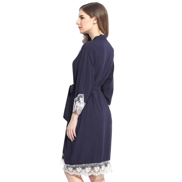 Navy Blue - Solid Cotton Lace Kimono Robe