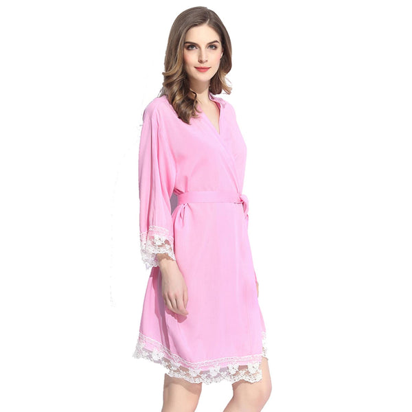 Pink - Solid Cotton Lace Kimono Robe