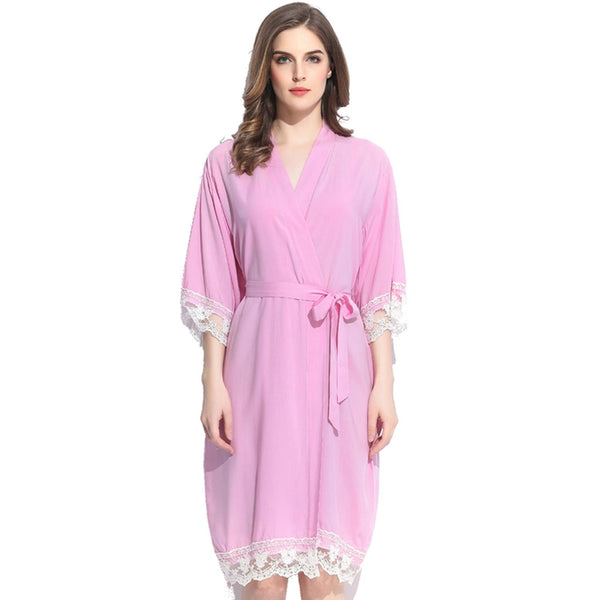 Pink - Solid Cotton Lace Kimono Robe