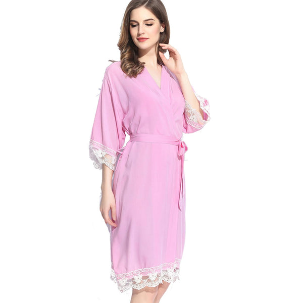 Pink - Solid Cotton Lace Kimono Robe