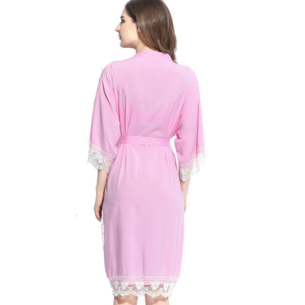 Pink - Solid Cotton Lace Kimono Robe