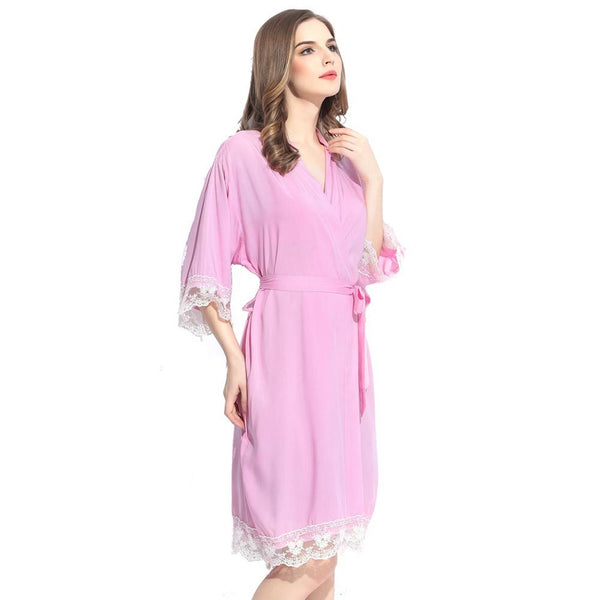 Pink - Solid Cotton Lace Kimono Robe