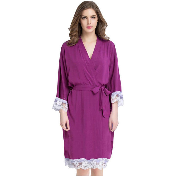 Purple - Solid Cotton Lace Kimono Robe