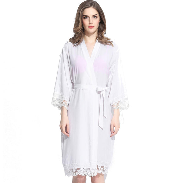 White - Solid Cotton Lace Kimono Robe