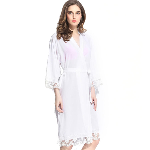 White - Solid Cotton Lace Kimono Robe