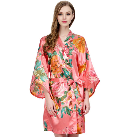 Coral - Watercolor Floral Kimono Robe