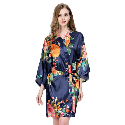 Navy Blue - Watercolor Floral Kimono Robe