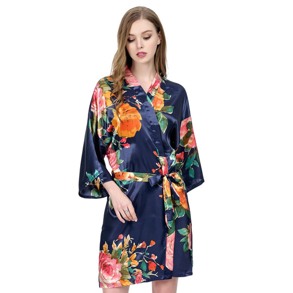 Navy Blue - Watercolor Floral Kimono Robe