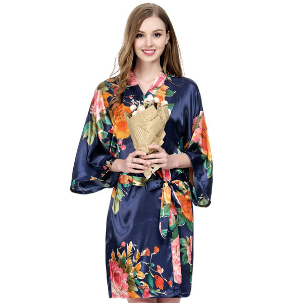 Navy Blue - Watercolor Floral Kimono Robe