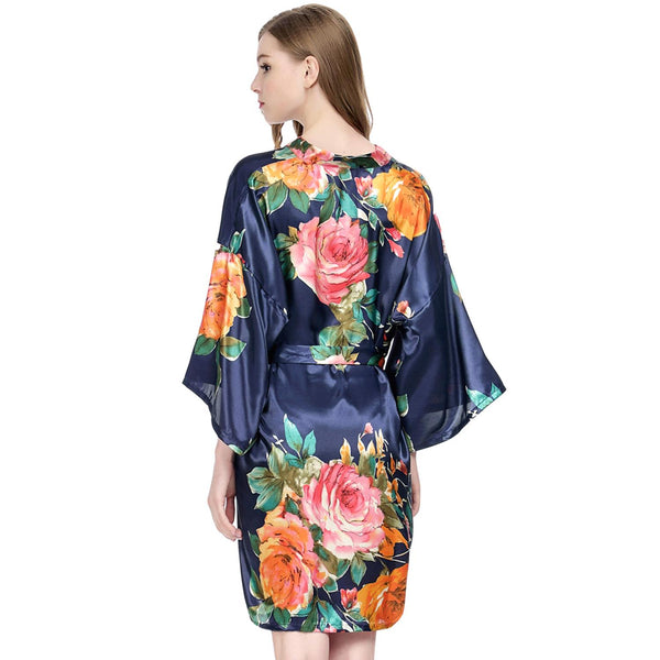 Navy Blue - Watercolor Floral Kimono Robe