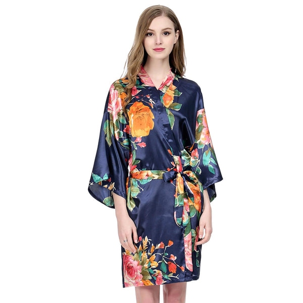 Navy Blue - Watercolor Floral Kimono Robe