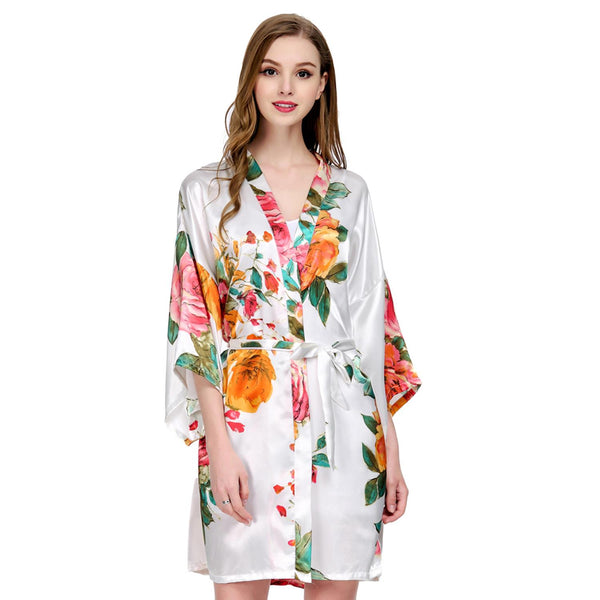 White - Watercolor Floral Kimono Robe