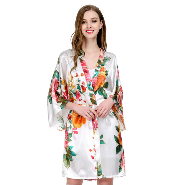 White - Watercolor Floral Kimono Robe