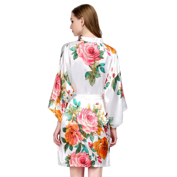 White - Watercolor Floral Kimono Robe