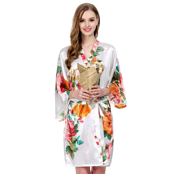 White - Watercolor Floral Kimono Robe