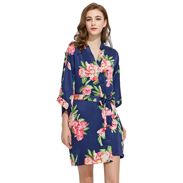 Navy Blue - Summer Floral Kimono Robe