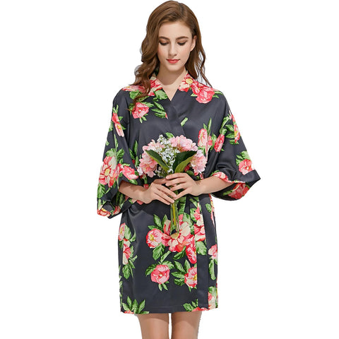 Slate Grey - Summer Floral Kimono Robe