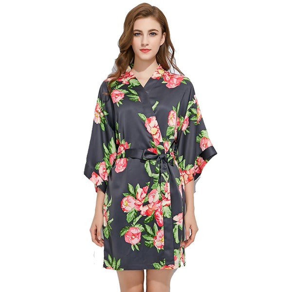 Slate Grey - Summer Floral Kimono Robe