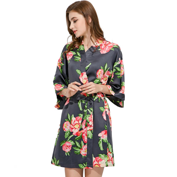 Slate Grey - Summer Floral Kimono Robe