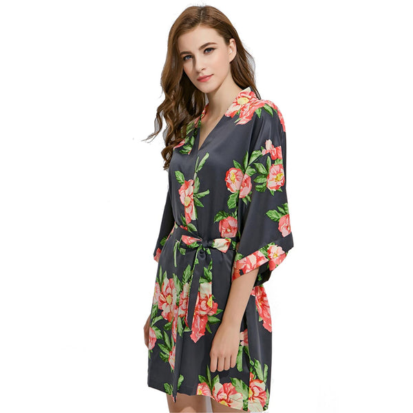 Slate Grey - Summer Floral Kimono Robe