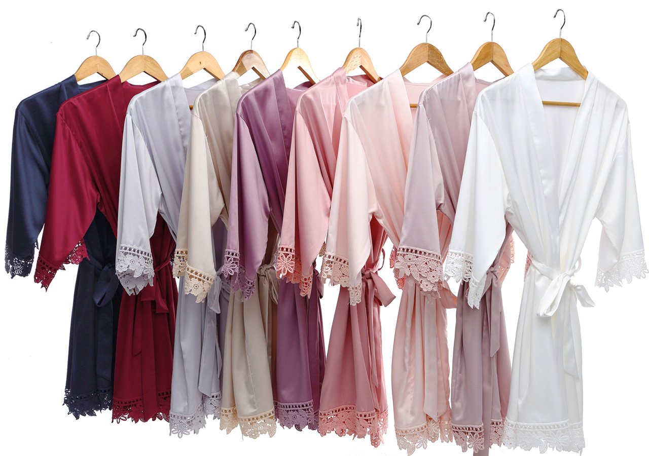 Burgundy - Rose Lace Satin Kimono Robe