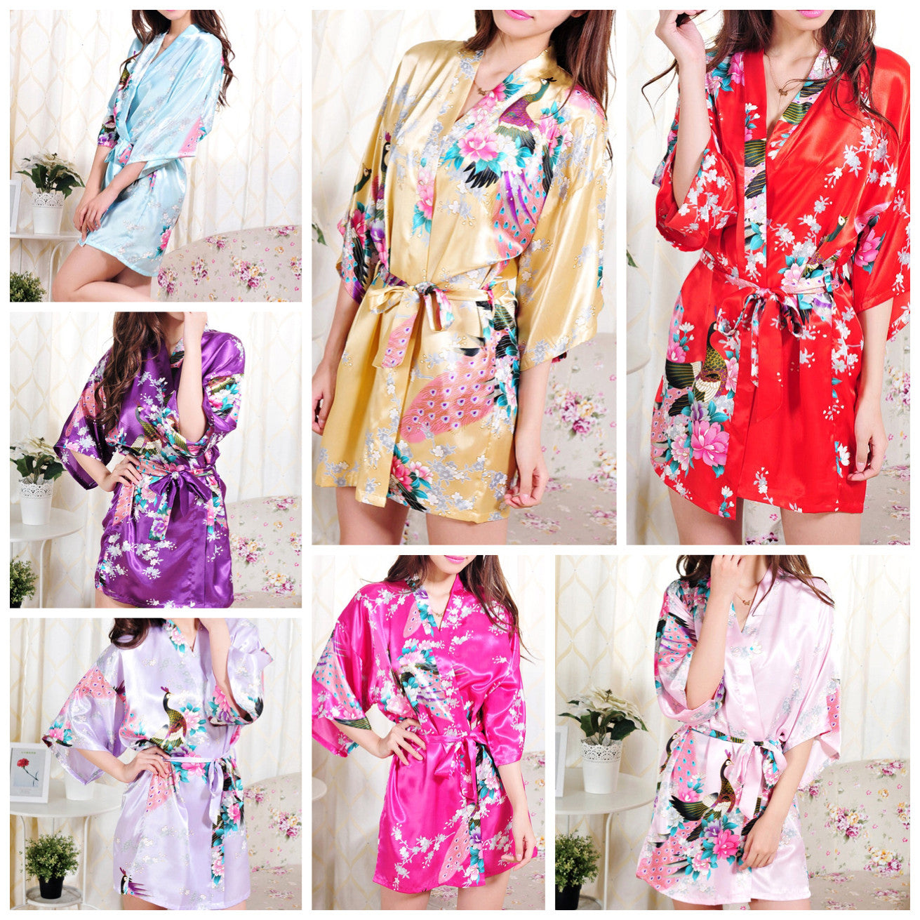 Set of 7 - Bridal Party Peacock Kimono Robes