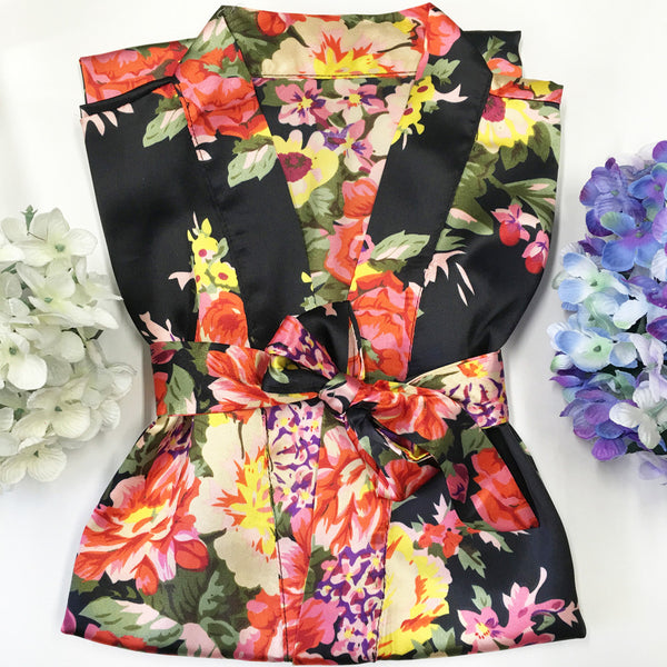 Black - Floral Satin Kimono Robe