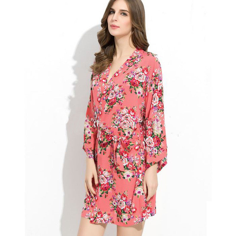 Coral - Floral Cotton Kimono Robe