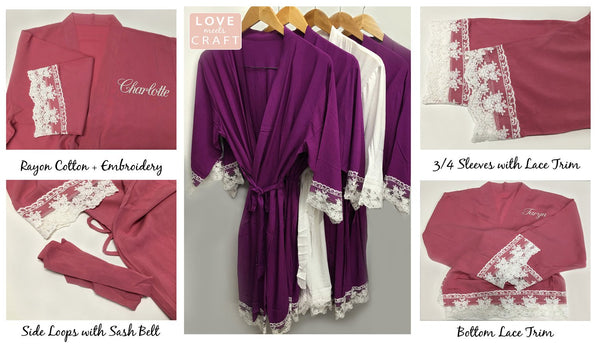 Violet - Solid Cotton Lace Kimono Robe