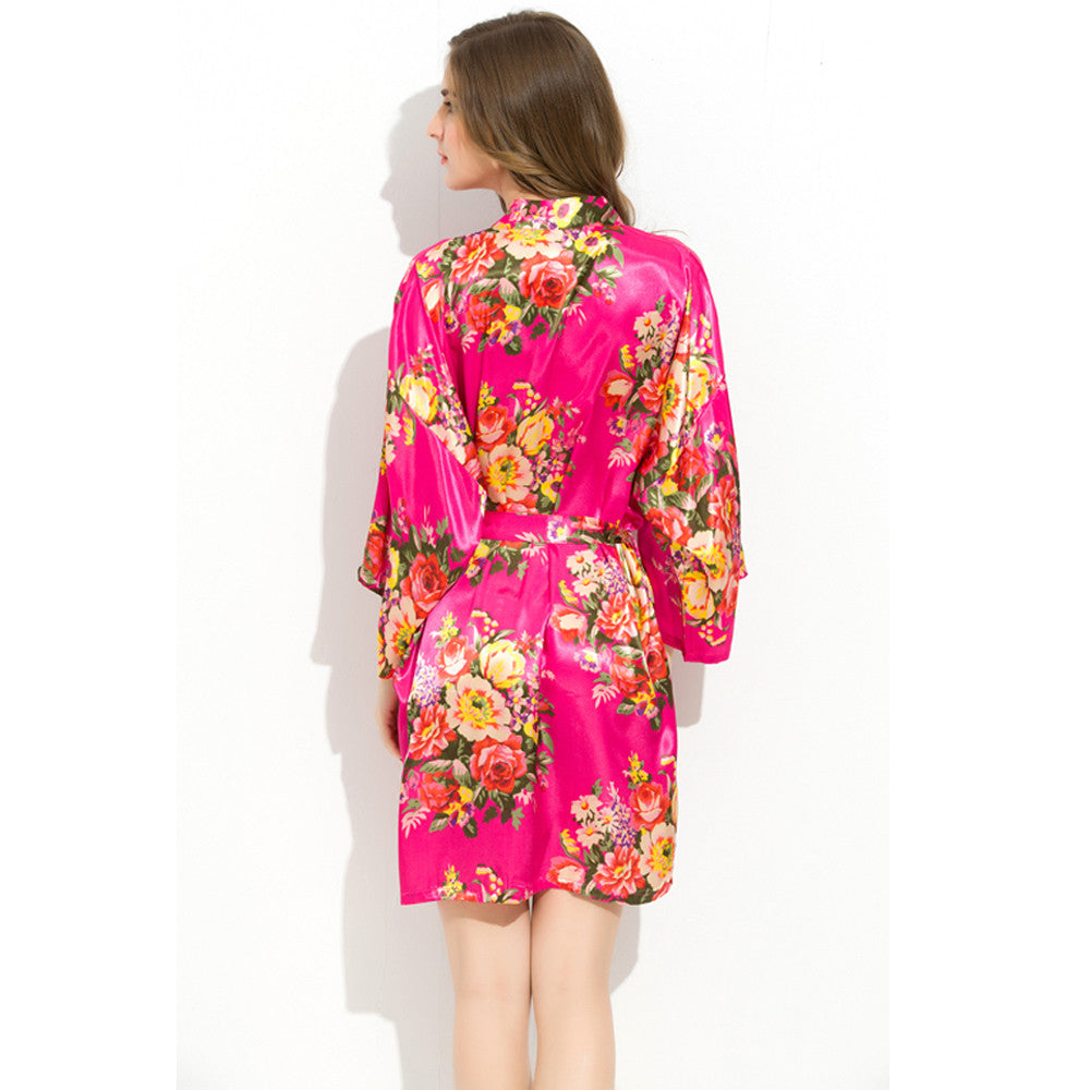 Hot Pink - Floral Satin Kimono Robe