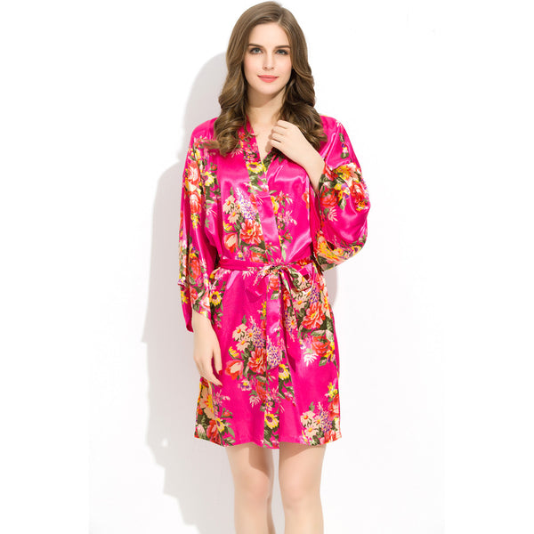 Hot Pink - Floral Satin Kimono Robe