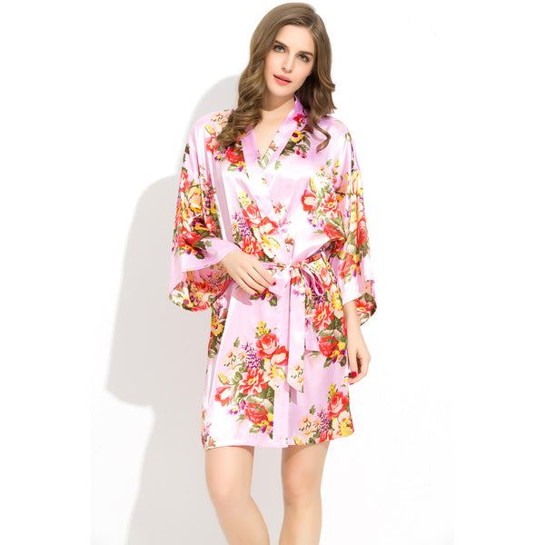 Light Pink - Floral Satin Kimono Robe