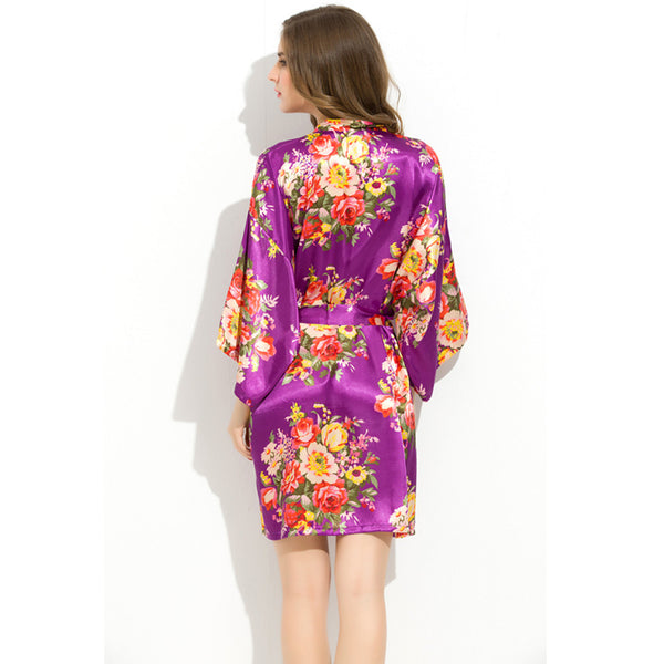 Purple - Floral Satin Kimono Robe