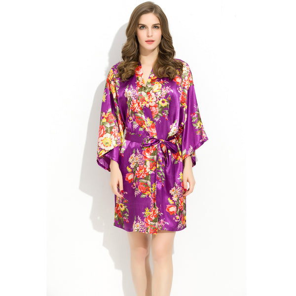 Purple - Floral Satin Kimono Robe