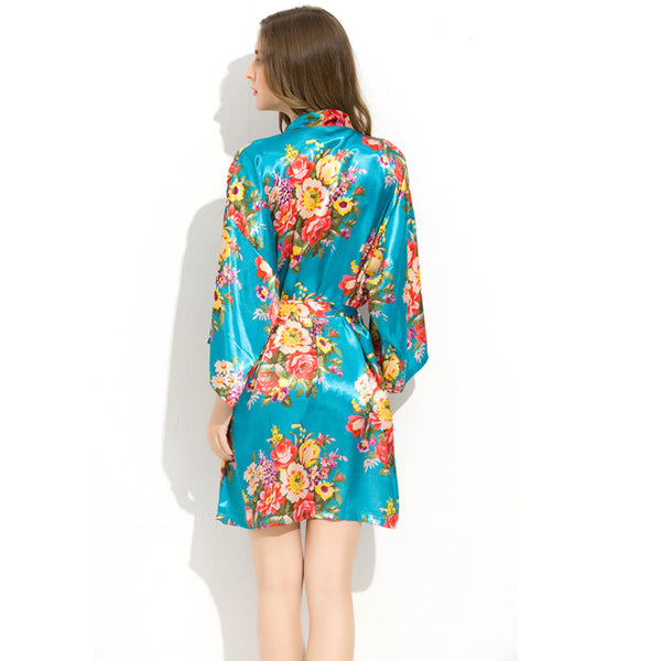 Turqouise - Floral Satin Kimono Robe