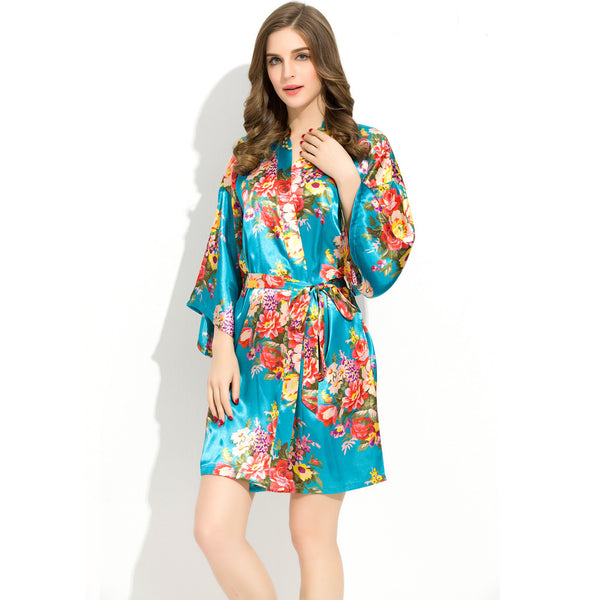 Turqouise - Floral Satin Kimono Robe