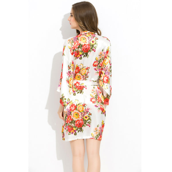 White - Floral Satin Kimono Robe