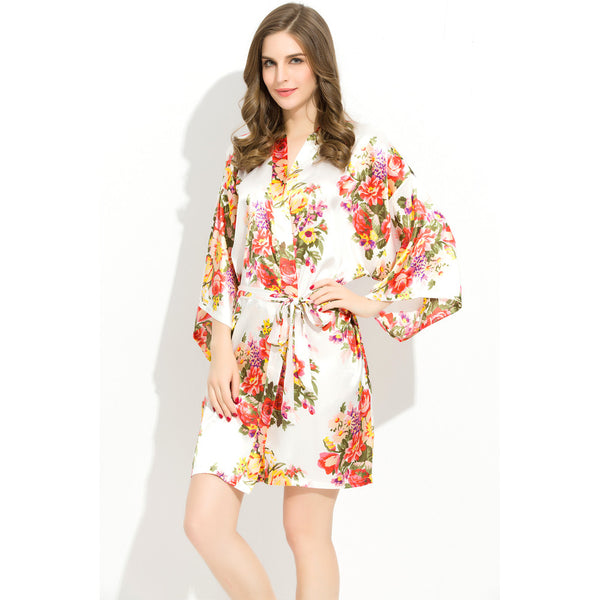 White - Floral Satin Kimono Robe