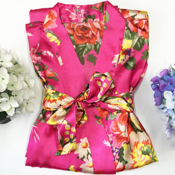 Hot Pink - Floral Satin Kimono Robe