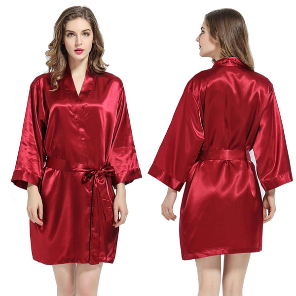 Burgundy - 3/4 Sleeve Satin Women Robe