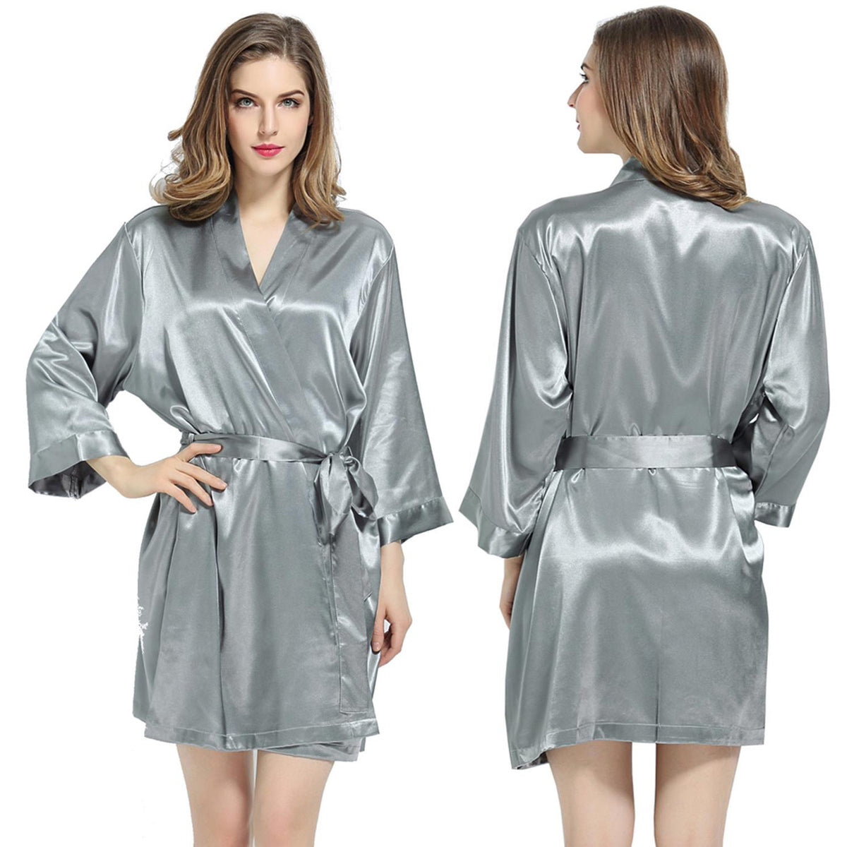 Dark Grey Robe Grey - 3/4 Sleeve Satin Women Robe