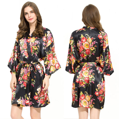 Black - Floral Satin Kimono Robe