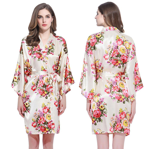 Champagne - Floral Satin Kimono Robe