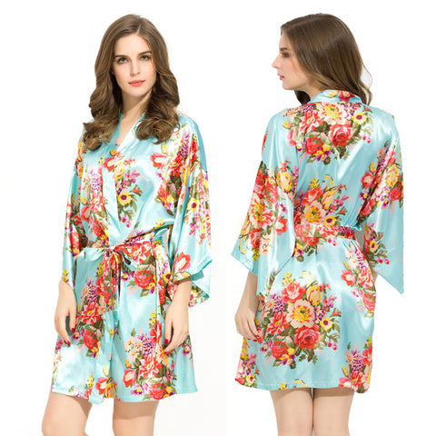 Sky Blue - Floral Satin Kimono Robe