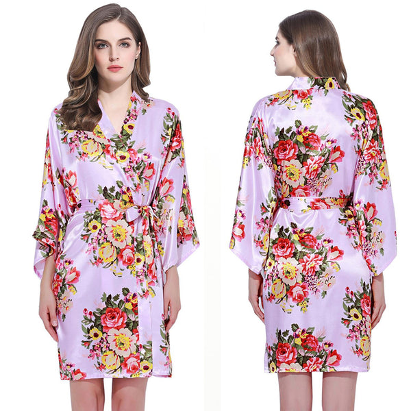 Violet - Floral Satin Kimono Robe