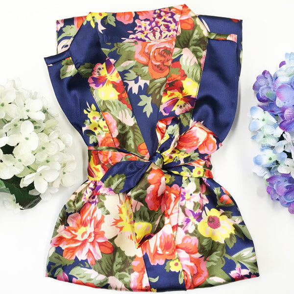 Navy Blue - Floral Satin Kimono Robe