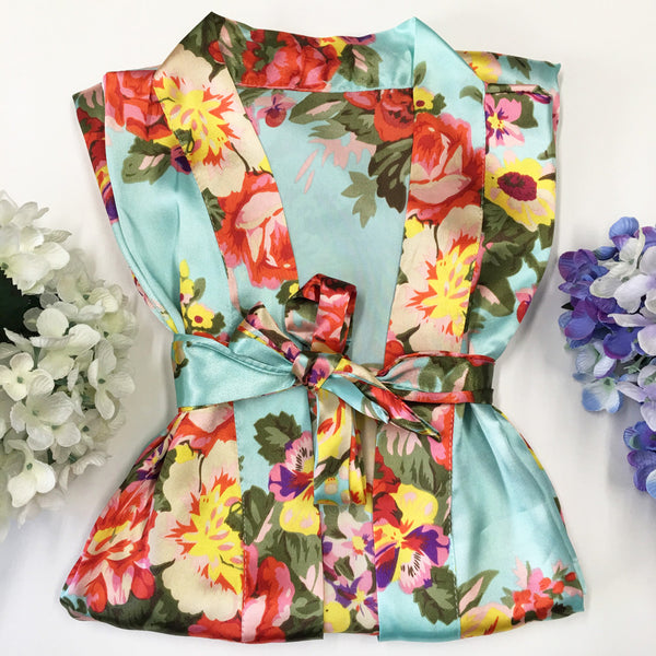 Sky Blue - Floral Satin Kimono Robe