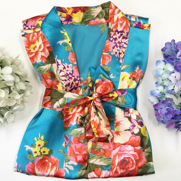 Turqouise - Floral Satin Kimono Robe